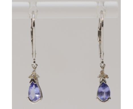A pair of 9ct white gold diamond and tanzanite hook earrings, 1.4g