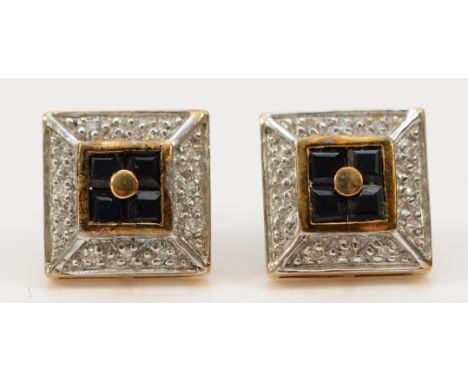 A pair of 9ct gold sapphire and diamond square cluster earrings with scroll backs, 10mm, 2g