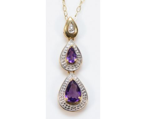 A 9ct gold amethyst and diamond drop pendant with a chain, 28mm, 1.9g
