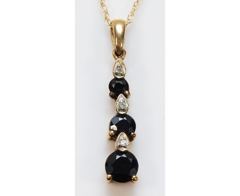 A 9ct gold sapphire and cubic zirconia drop pendant on a chain, 20mm, 1.5g