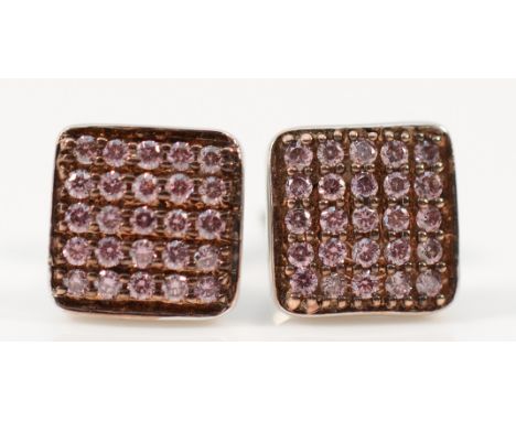 A pair of 9ct white gold pink diamond square cluster earrings with scroll backs, 7mm, 1.1g