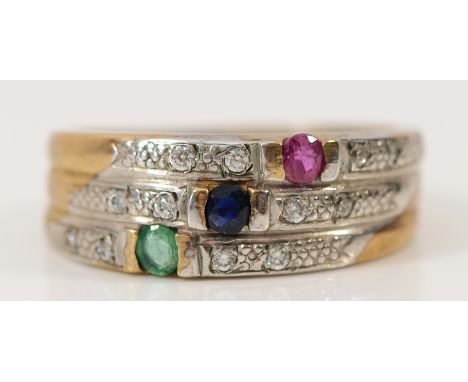 A 9ct gold diamond, emerald, sapphire and ruby multi row dress ring, Birmingham 1994, M 1/2, 3.4g