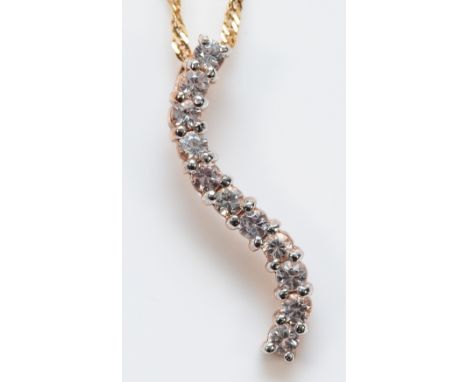 A 9ct rose gold white gemstone curved bar pendant on a chain, 25mm, 2.5g