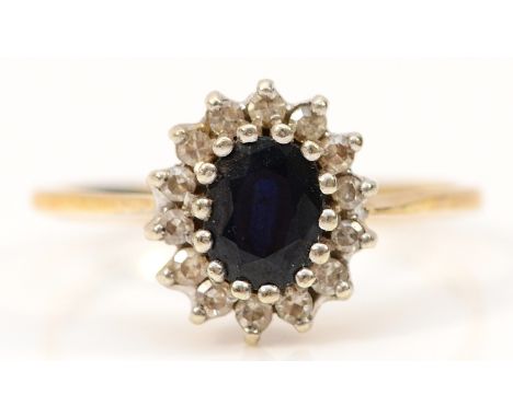 A 9ct gold sapphire and diamond cluster ring, L, 1.6g