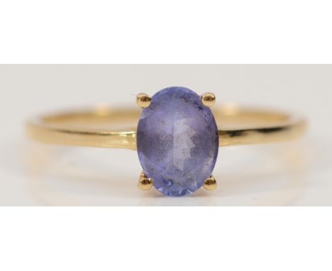 A 9ct gold tanzanite solitaire ring, 8mm x 6mm tanzanite, S, 2g