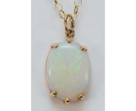 A 9ct gold opal pendant on a chain, opal is cracked, 14mm x 10mm opal, 2.1g