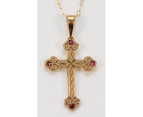 A 9ct gold ruby cross pendant with a chain, 25mm, 2.3g
