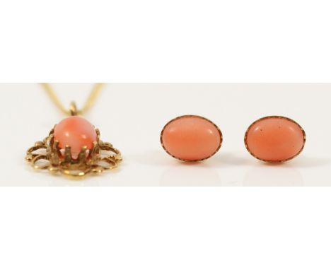 A pair of 9ct gold coral earrings with scroll backs, together with a 9ct gold coral pendant on a chain, 3.7g