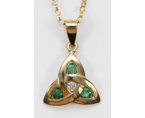 A 9ct gold emerald and brilliant cut diamond Celtic knot pendant on a chain, 2g