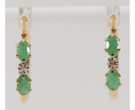 A pair of 9ct gold emerald and diamond hoop earrings, 16mm, 1.1g