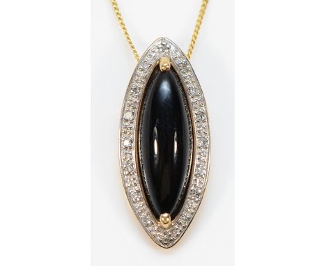 A 9ct gold onyx and diamond pendant on a chain, 23mm, 2.7g