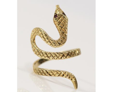 A 9ct gold ruby eyed snake ring, Birmingham 1988, M, 2.6g
