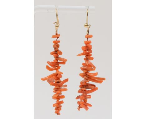A pair of 9ct gold coral drop earrings with hooks, 52mm, 5.1g