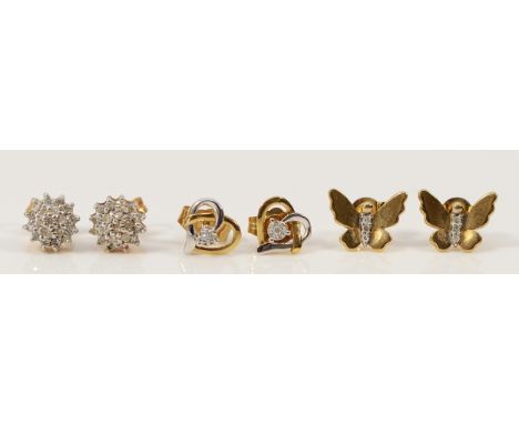 Three pairs of 9ct gold diamond earrings with scroll backs, 2.7g