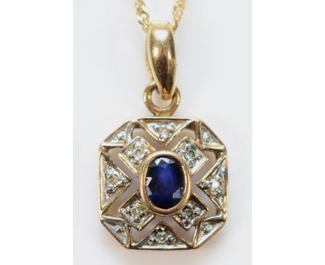 A 9ct gold sapphire and diamond pendant on a chain, 1.7g