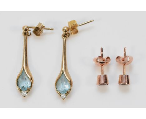 A pair of 9ct gold blue gemstone and diamond drop earrings with scroll backs, 25mm, together with a pair of 9ct rose gold blu