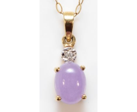 A 9ct gold lavender jade and diamond pendant on a chain, 11mm, 1.3g