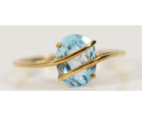 A 9ct gold blue topaz dress ring, 9mm x 6mm topaz, P, 1.8g