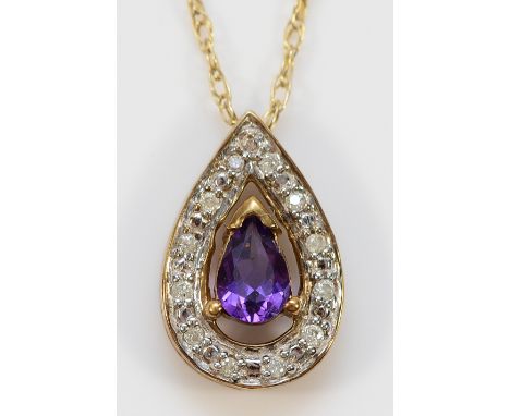 A 9ct gold amethyst and diamond pendant on a chain, 15mm, 1.8g