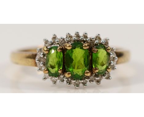 A 9ct gold green gemstone and diamond cluster ring, P, 2.3g