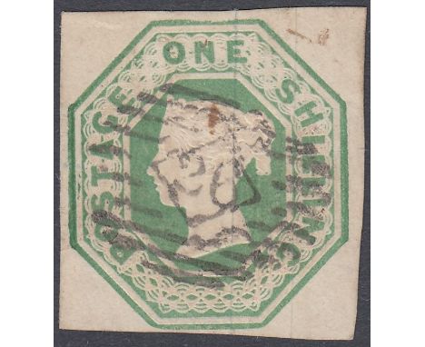 STAMPS GREAT BRITAIN 1847 1/- Green Embossed, very fine used with four clear margins, light numeral cancel SG 55 Cat £1000