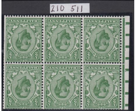STAMPS GREAT BRITAIN : 1911-12 GV 1/2d yellow-green booklet pane, Wmk Crown inverted, fine U/M, SG NB1a. With Royal P.S. cert