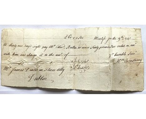 Bill of Exchange drawn on James Dexter in Fleece Alley payable to a Mr Edward Bullen. June 1745. James Dexter was involved Th