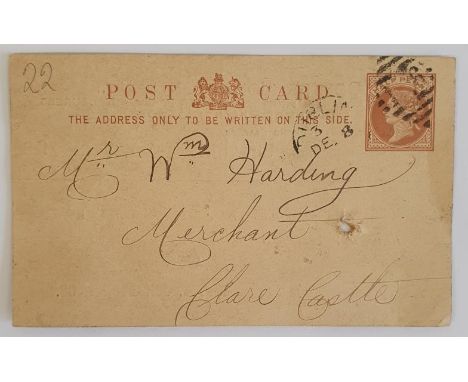 Very Early County Clare Postcard. Dublin merchant Coster, Johnston, Ormond Quay to William Harding, merchant Clarecastle, Co.