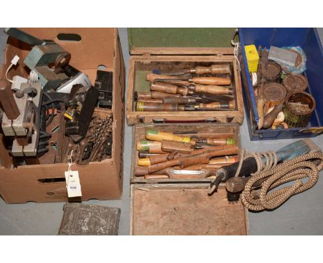 Assorted hand and other tools, comprising: chisels, drill bits, bench drill, etc. (qty)