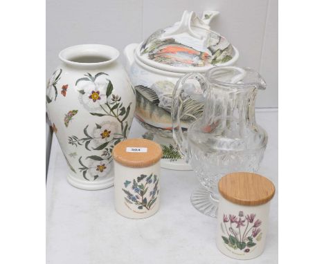 A Portmeirion Compleat Angler soup tureen, cover and ladle; a Botanica pattern vase; a modern deeply cut glass vase; and two 