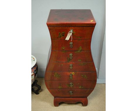 A 20th Century red lacquer and gilt painted vasiform chest of drawers, the square top painted with gilt butterflies and flora