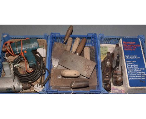 Three boxes of tools, including a Stanley Bailey no. 4 plain and another no. 3 plain and other tools various.