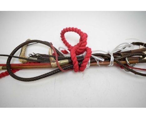 Three stag horn and white metal mounted riding whips and a modern carriage driving whip; together with a red pony lead.