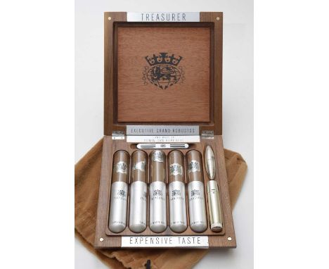 An Executive Grand Rubustos Dominican Republic Cigar presentation case with five cigars in glass and metal tubes; together wi