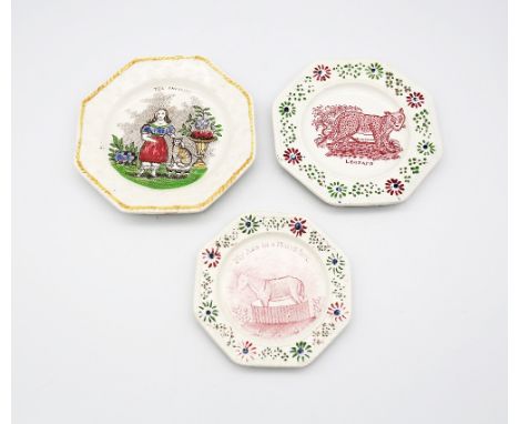 Three 19th century creamware child’s plates, with various prints, The Favorite, The Leopard  and My ass in a box.  (3) Circa 