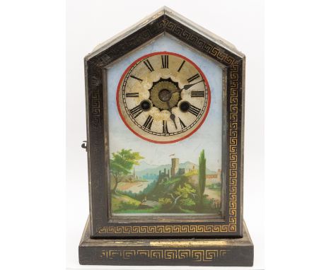 An early 20th century Union Clock Company wooden cased mantel clock, front hinged door with painted glass panel depicting cas