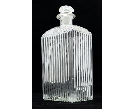 An early 19th Century fluted glass flask decanter with matching mushroom stopper and faded gilt decorative shoulders.