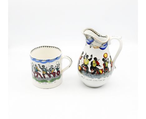A Staffordshire pottery mug and jug, printed with musicians in a Jazz band with titles. ‘I wish I was in Dixie Land and Sally