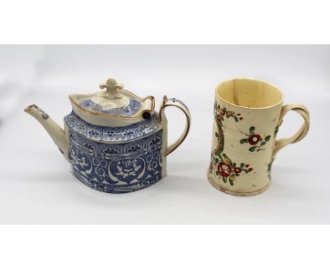 A Leeds creamware mug painted with flower sprays and an inscription LP 1775, with twisted strap handle, c1775-80, approx. 13c