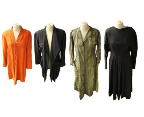 A Jean Muir studio dress, 1980s, size 14/16, wool mix fabric together with a gun metal grey Jean Muir studio dress with a key
