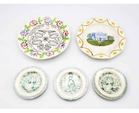 Two pearlware child’s plates one with a classical swag border and a print of a country house,  and a child’s plate with The T