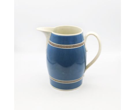 A large pearlware pitcher, blue ground with black and white checkered bands.  Benton collection label  Circa 1880. Size. 22.5