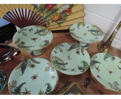 A selection of early ceramic plates with egg shell colour and insect design 9 plates, 3 Tazza 