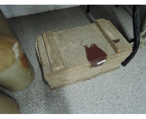 A selection of vintage workmans tools with vintage crate style carry box