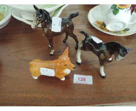 A Beswick Corgi dog study and two Beswick style foals