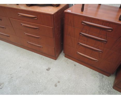 A pair of vintage G plan teak bedroom drawers, bearing labels for Gomme/Waring and Gillow