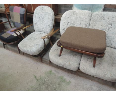 A vintage dark stained Ercol cottage style settee and chair and similar chair (cushions not included in sale)