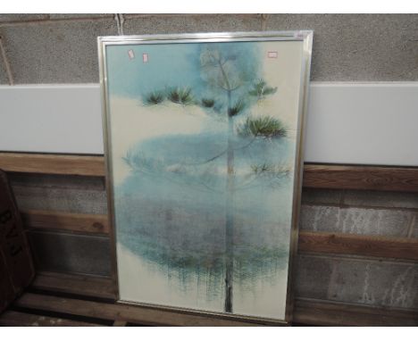 A vintage framed print, fir trees