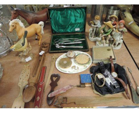 A selection including Beswick horse studies A/F Gold Crest study, Goebel style figures, engine tooled compacts, watches etc