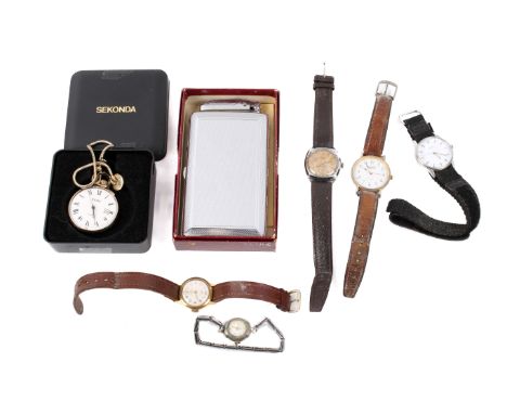 A collection of watches and a mid-century lighter. The wristwatches include a mid-century Rone Sportsmans with original guara